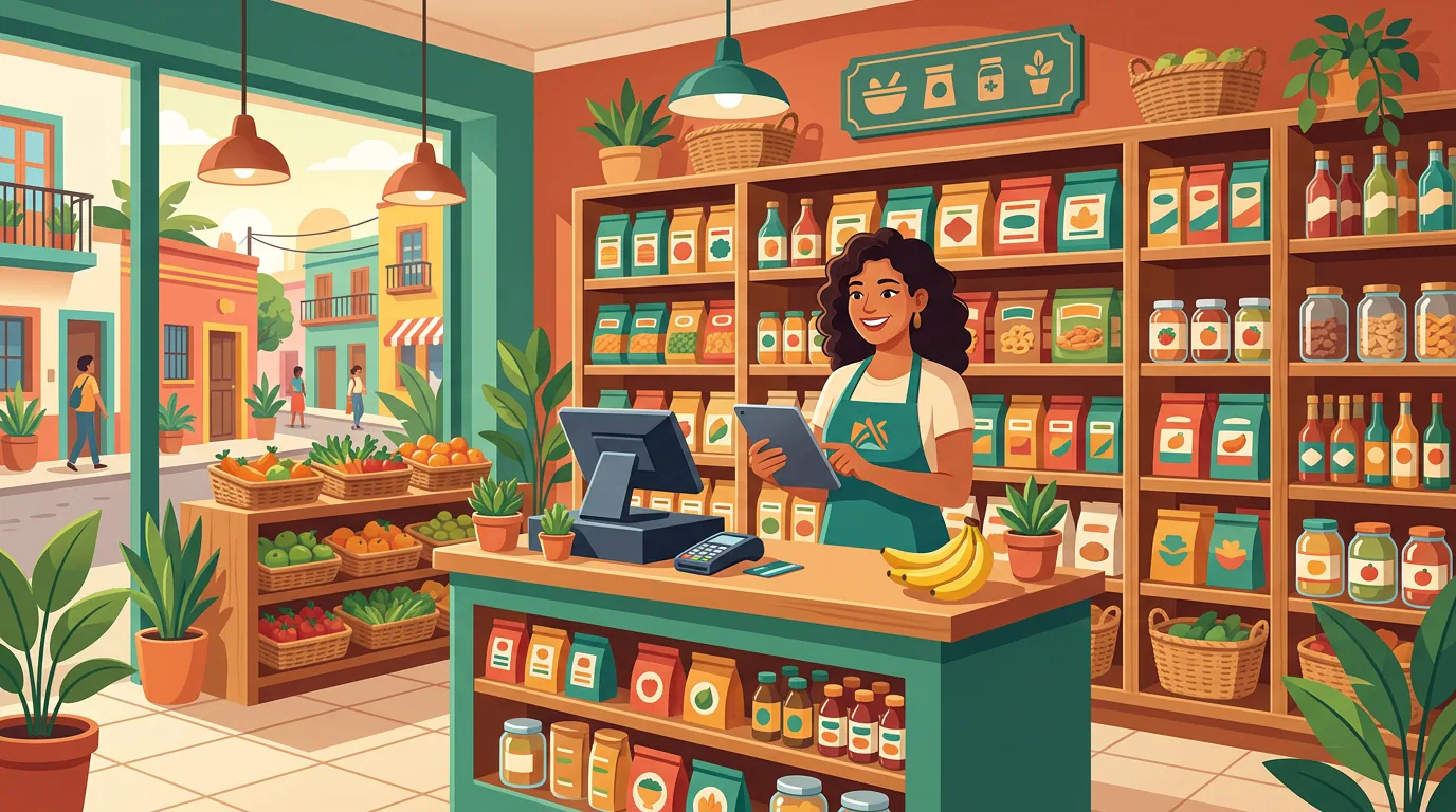 Ilustración de un comercio pequeño gestionando inventario y ventas con una tablet